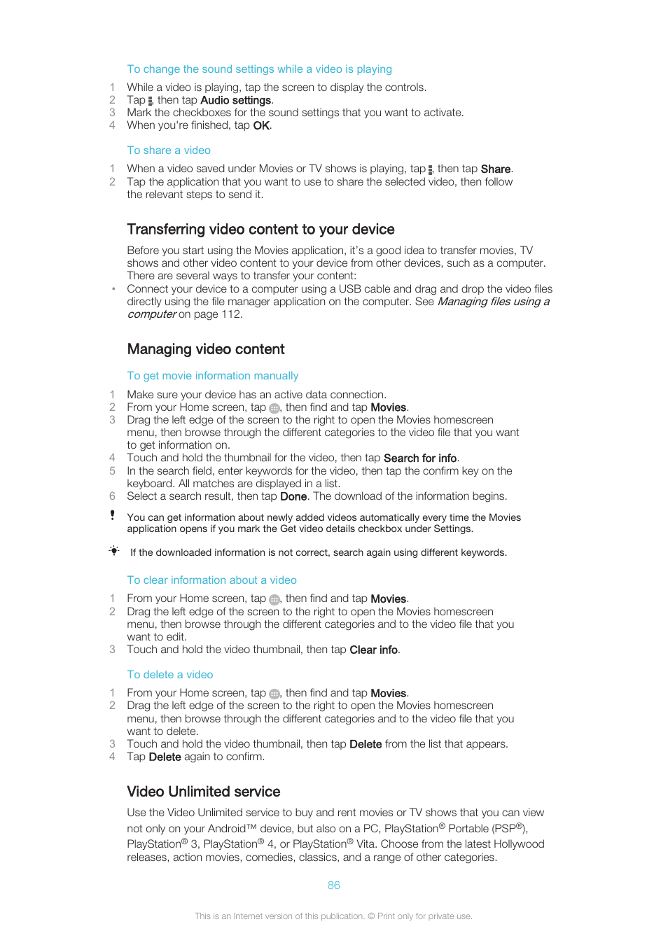 Transferring video content to your device, Managing video content, Video unlimited service | Sony XPERIA Z3v User Manual | Page 86 / 116