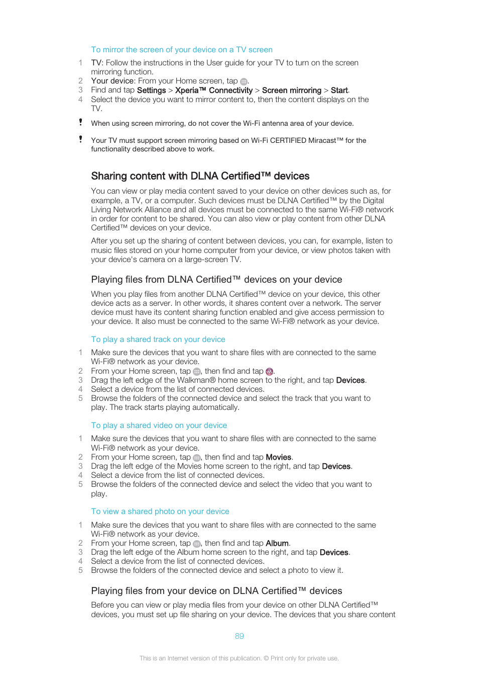 Sharing content with dlna certified™‎ devices, Sharing content with dlna certified™ devices | Sony XPERIA Z3v User Manual | Page 89 / 116