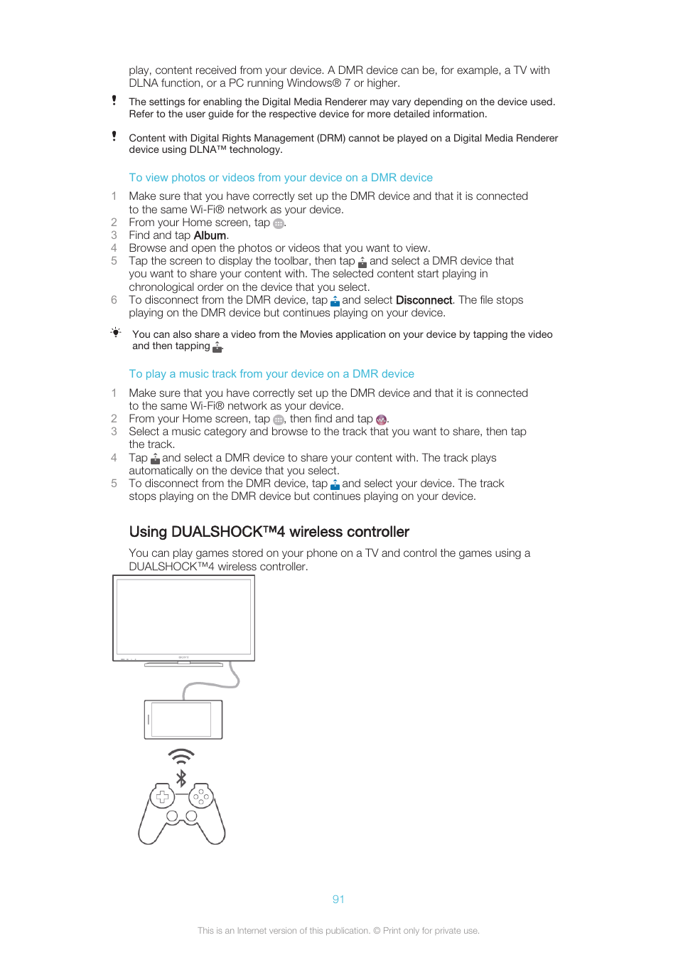 Using dualshock™‎4 wireless controller, Using dualshock™4 wireless controller | Sony XPERIA Z3v User Manual | Page 91 / 116
