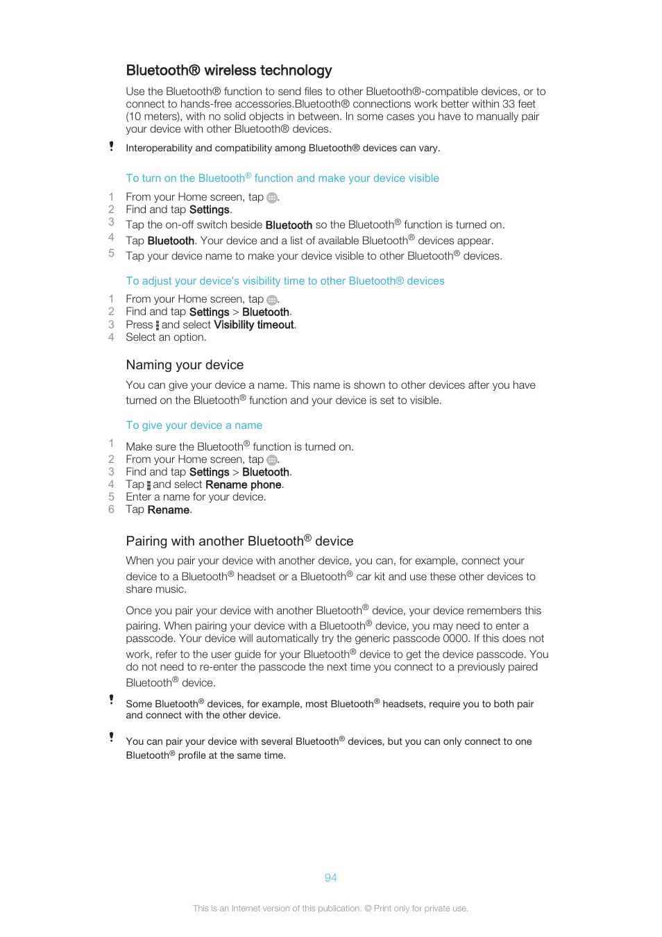 Bluetooth® wireless technology, Naming your device, Pairing with another bluetooth | Device | Sony XPERIA Z3v User Manual | Page 94 / 116