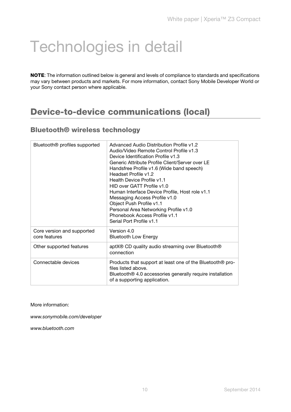 Technologies in detail, Device-to-device communications (local), Bluetooth® wireless technology | Sony Xperia Z3 Compact User Manual | Page 12 / 24