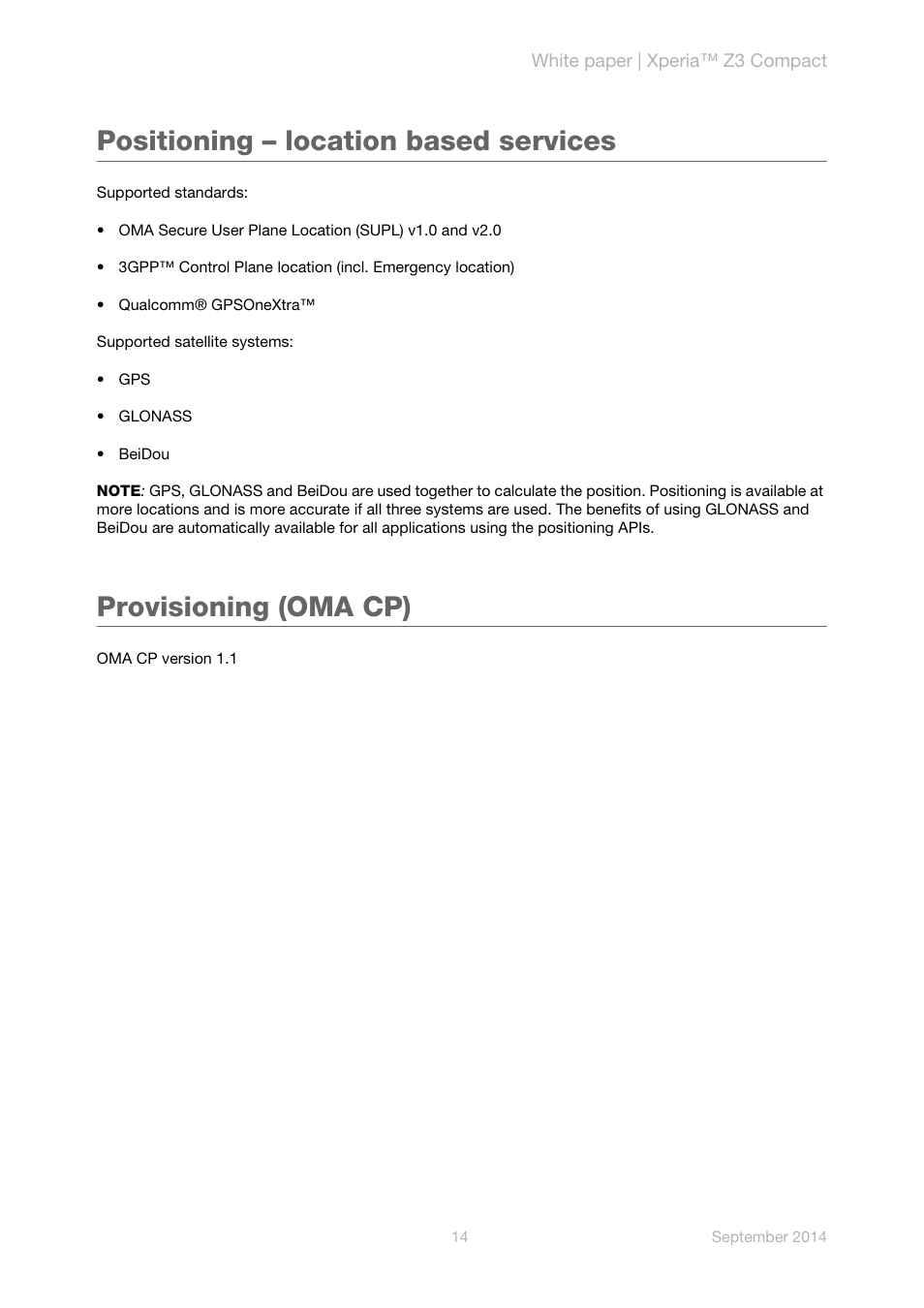 Positioning – location based services, Provisioning (oma cp) | Sony Xperia Z3 Compact User Manual | Page 16 / 24