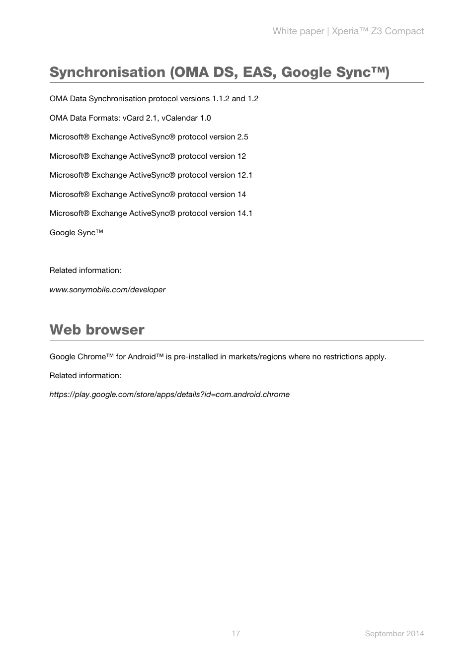 Synchronisation (oma ds, eas, google sync™), Web browser | Sony Xperia Z3 Compact User Manual | Page 19 / 24