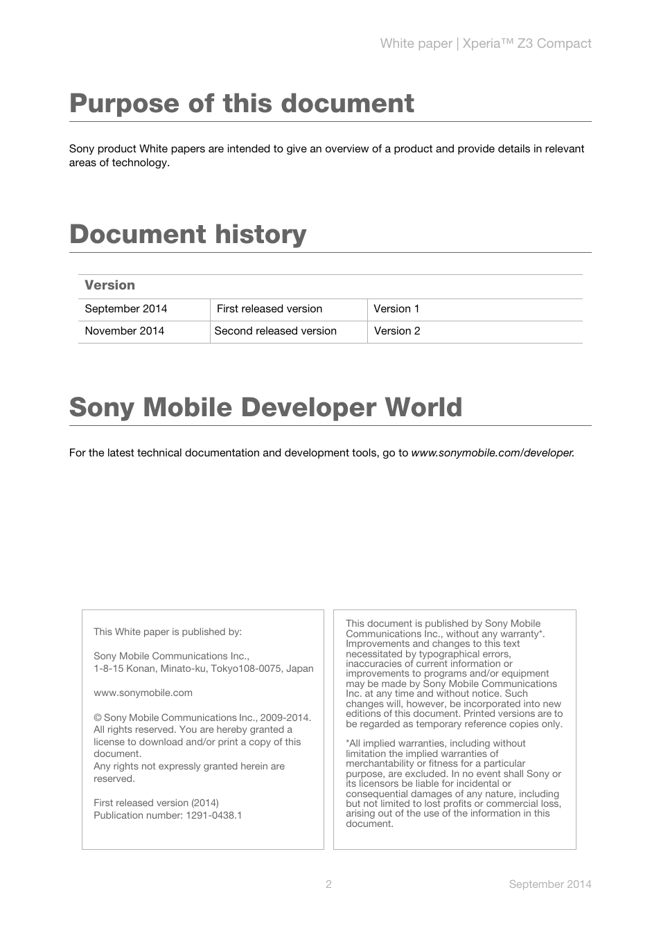 Purpose of this document, Document history, Sony mobile developer world | Document history sony mobile developer world | Sony Xperia Z3 Compact User Manual | Page 2 / 24