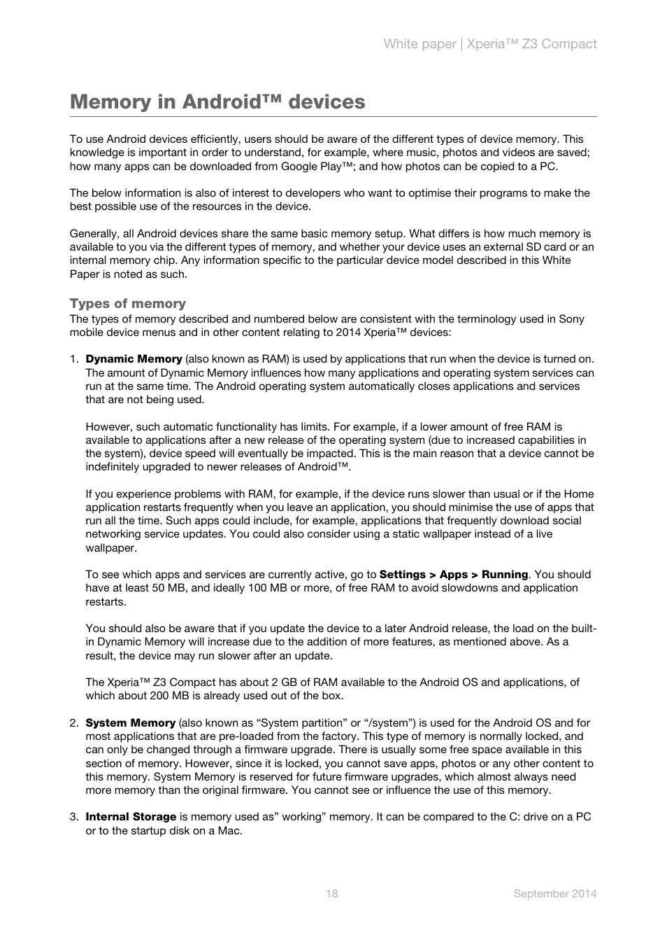 Memory in android™ devices | Sony Xperia Z3 Compact User Manual | Page 20 / 24