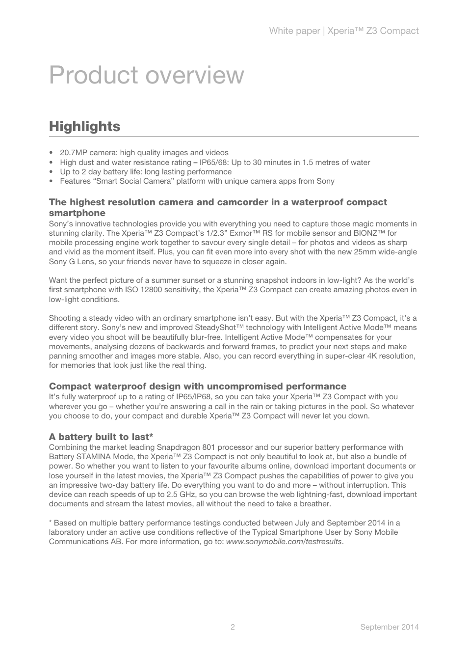 Product overview, Highlights, Oduct overview | Sony Xperia Z3 Compact User Manual | Page 4 / 24