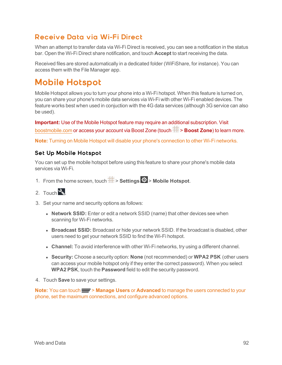 Receive data via wi-fi direct, Mobile hotspot | ZTE Speed User Manual | Page 102 / 162