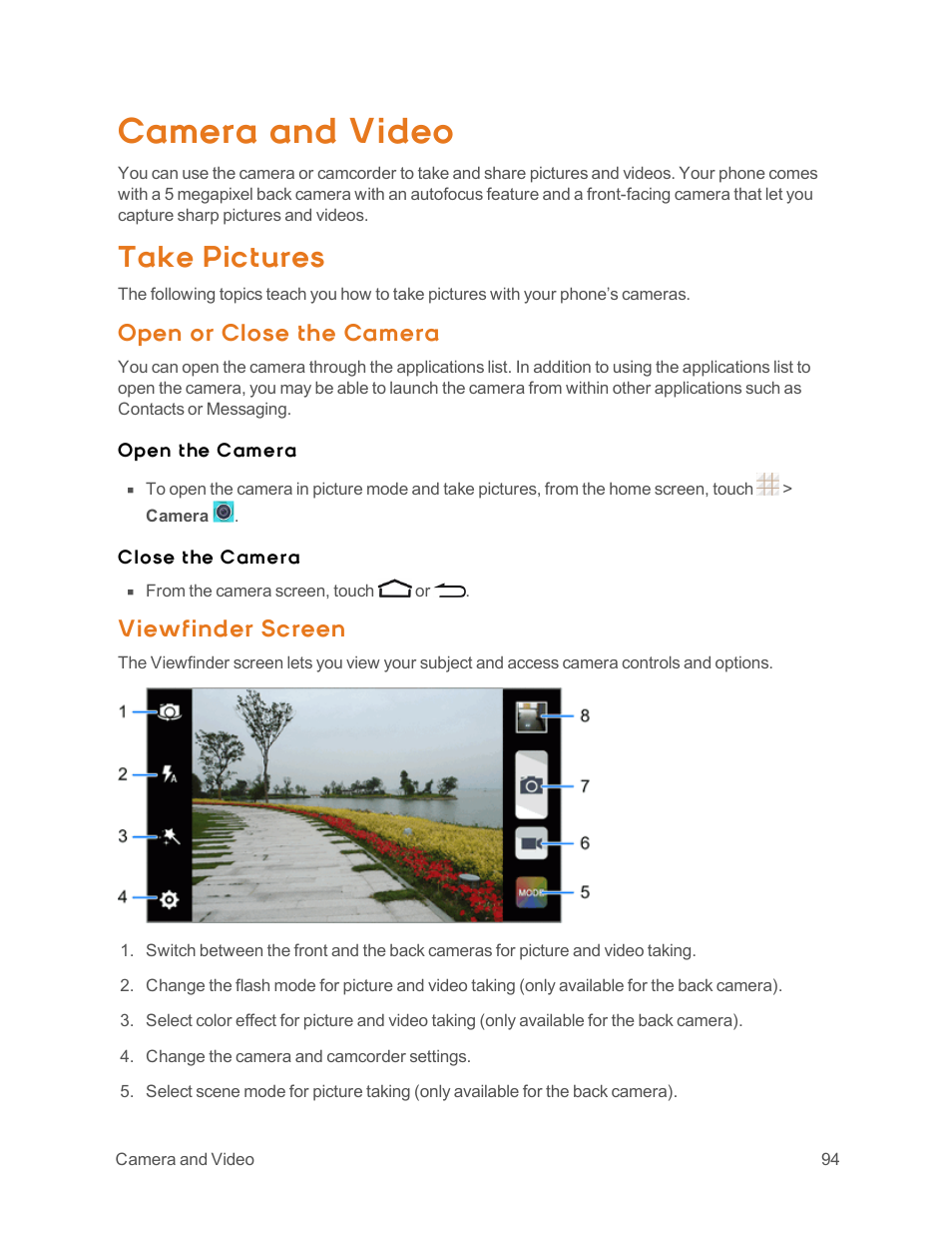 Camera and video, Take pictures, Open or close the camera | Viewfinder screen | ZTE Speed User Manual | Page 104 / 162