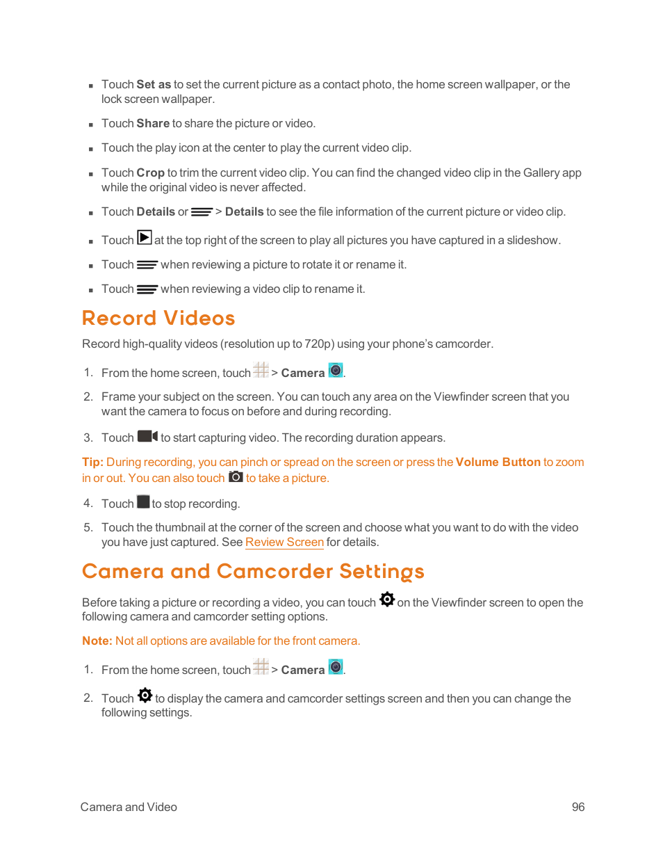 Record videos, Camera and camcorder settings | ZTE Speed User Manual | Page 106 / 162