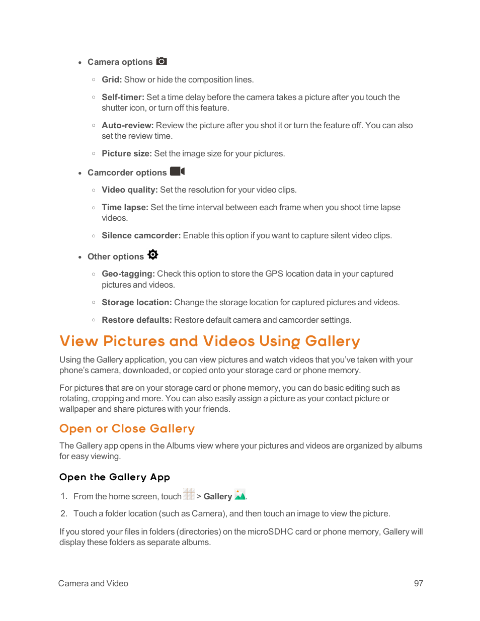 View pictures and videos using gallery, Open or close gallery, Open the gallery app | ZTE Speed User Manual | Page 107 / 162