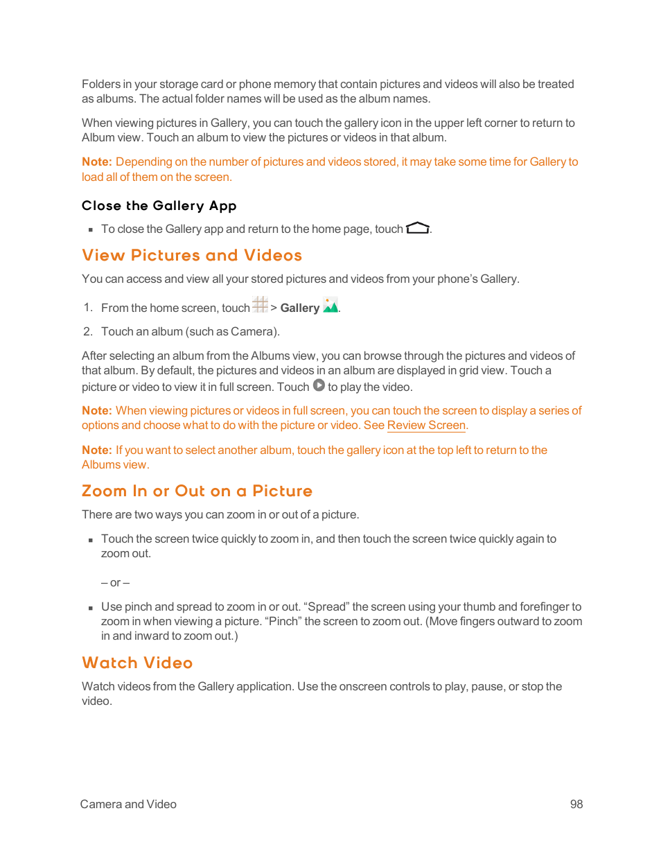 View pictures and videos, Zoom in or out on a picture, Watch video | ZTE Speed User Manual | Page 108 / 162
