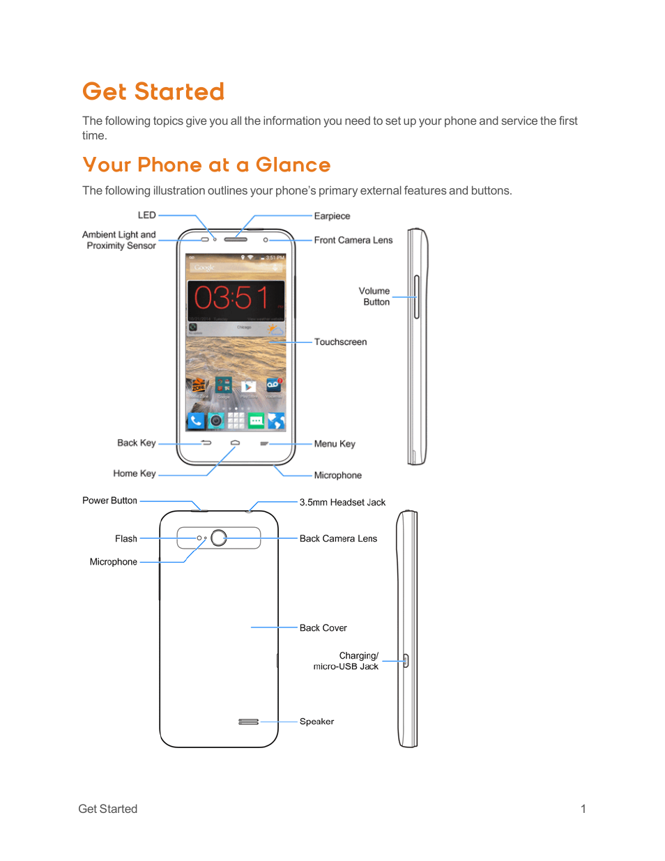 Get started, Your phone at a glance | ZTE Speed User Manual | Page 11 / 162
