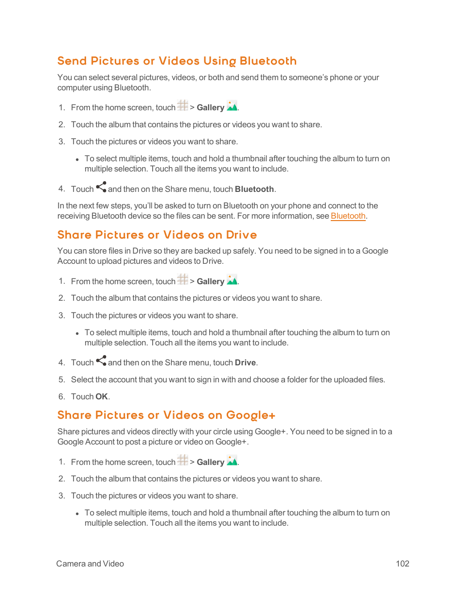 Send pictures or videos using bluetooth, Share pictures or videos on drive, Share pictures or videos on google | ZTE Speed User Manual | Page 112 / 162