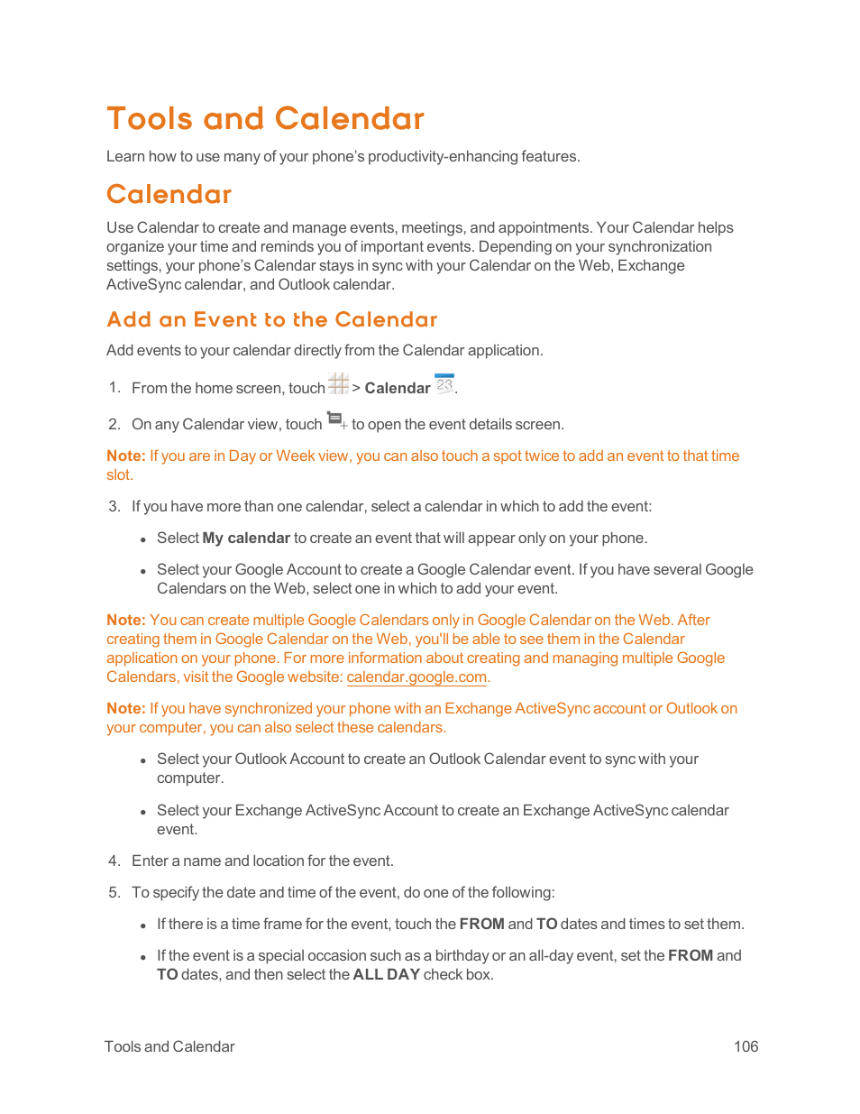 Tools and calendar, Calendar, Add an event to the calendar | ZTE Speed User Manual | Page 116 / 162