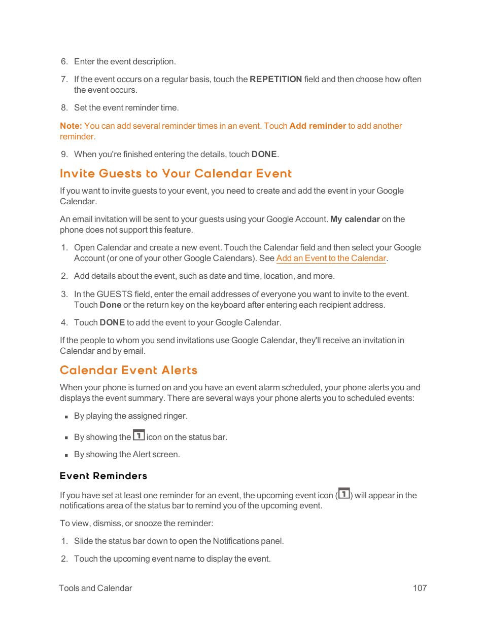 Invite guests to your calendar event, Calendar event alerts | ZTE Speed User Manual | Page 117 / 162