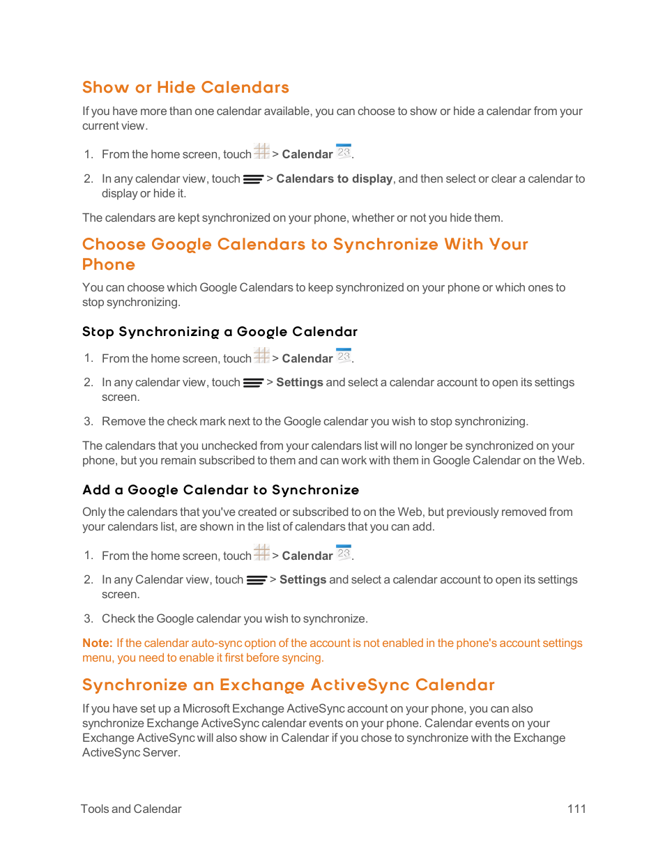 Show or hide calendars, Synchronize an exchange activesync calendar | ZTE Speed User Manual | Page 121 / 162