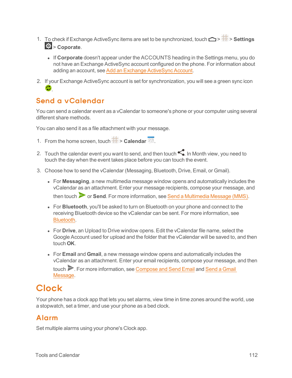 Send a vcalendar, Clock, Alarm | ZTE Speed User Manual | Page 122 / 162