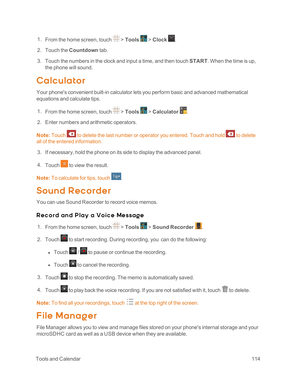 Calculator, Sound recorder, File manager | ZTE Speed User Manual | Page 124 / 162