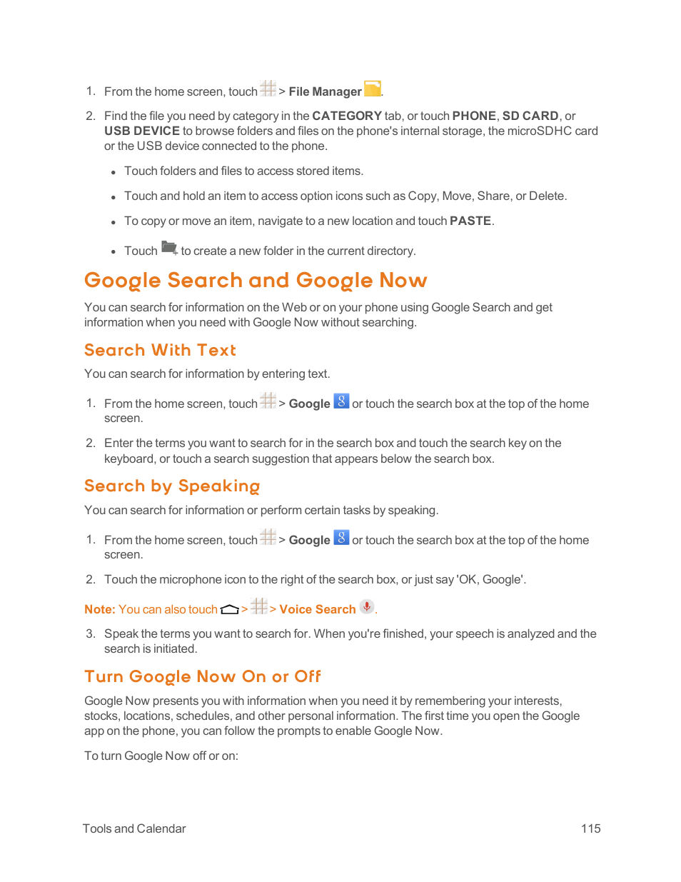 Google search and google now, Search with text, Search by speaking | Turn google now on or off | ZTE Speed User Manual | Page 125 / 162