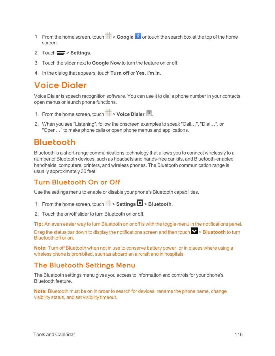 Voice dialer, Bluetooth, Turn bluetooth on or off | The bluetooth settings menu | ZTE Speed User Manual | Page 126 / 162