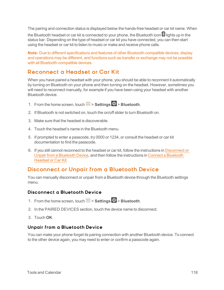 Reconnect a headset or car kit, Disconnect or unpair from a bluetooth device | ZTE Speed User Manual | Page 128 / 162