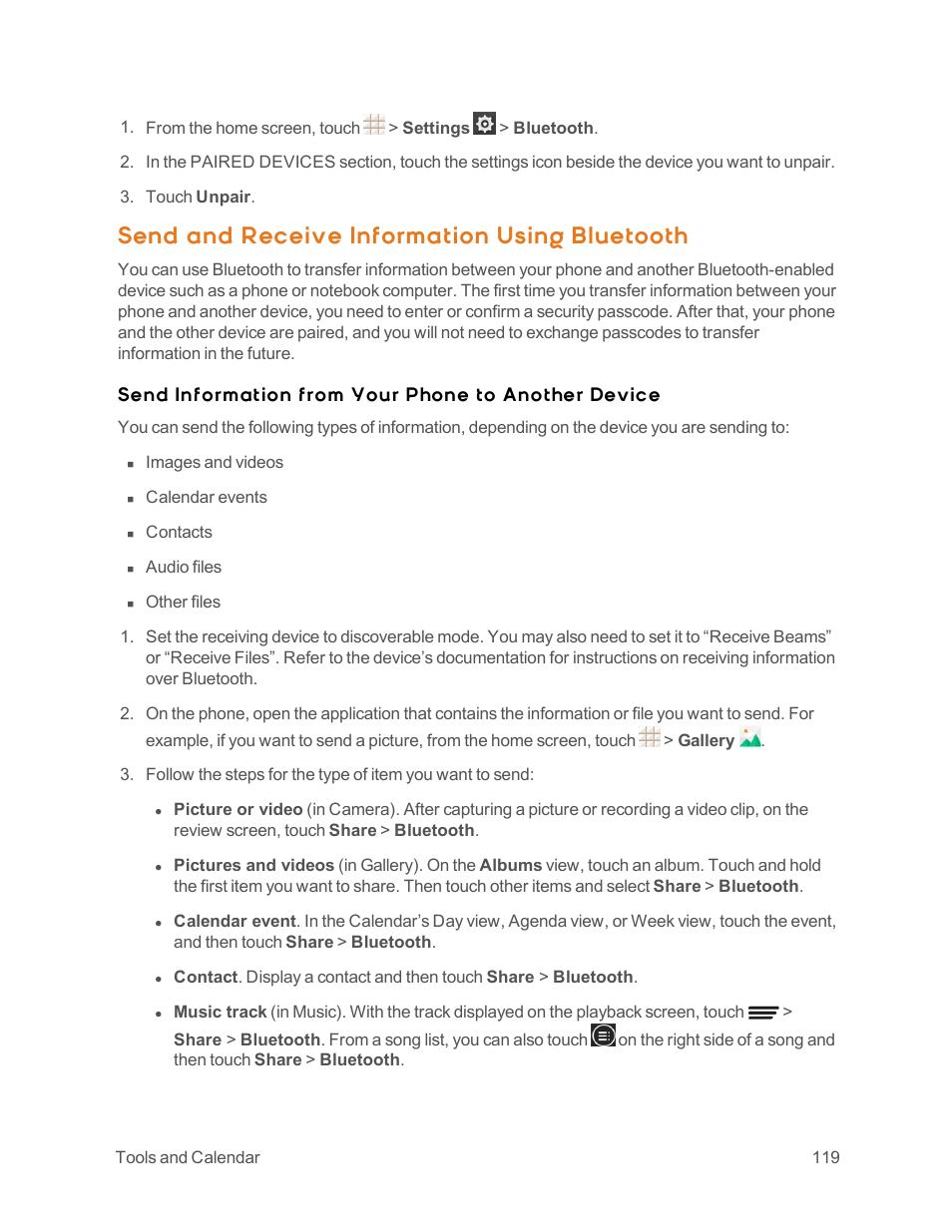 Send and receive information using bluetooth, Send information from your phone to another device | ZTE Speed User Manual | Page 129 / 162