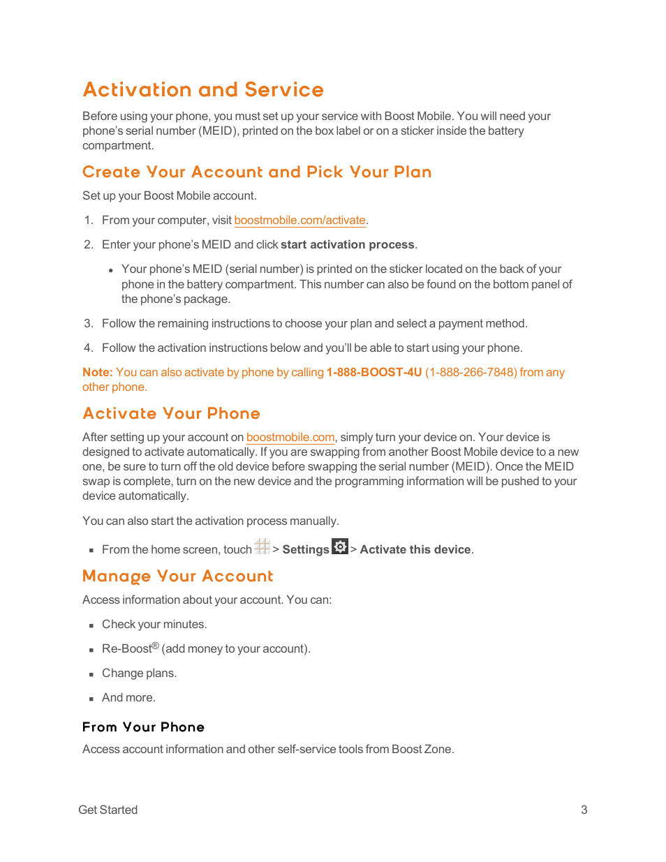 Activation and service, Create your account and pick your plan, Activate your phone | Manage your account | ZTE Speed User Manual | Page 13 / 162