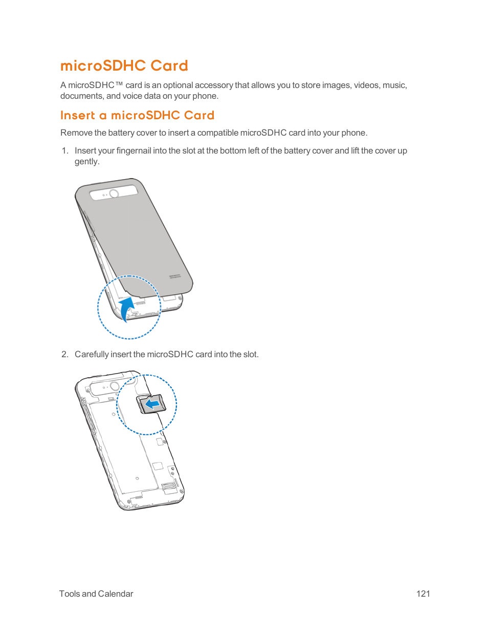 Microsdhc card, Insert a microsdhc card | ZTE Speed User Manual | Page 131 / 162