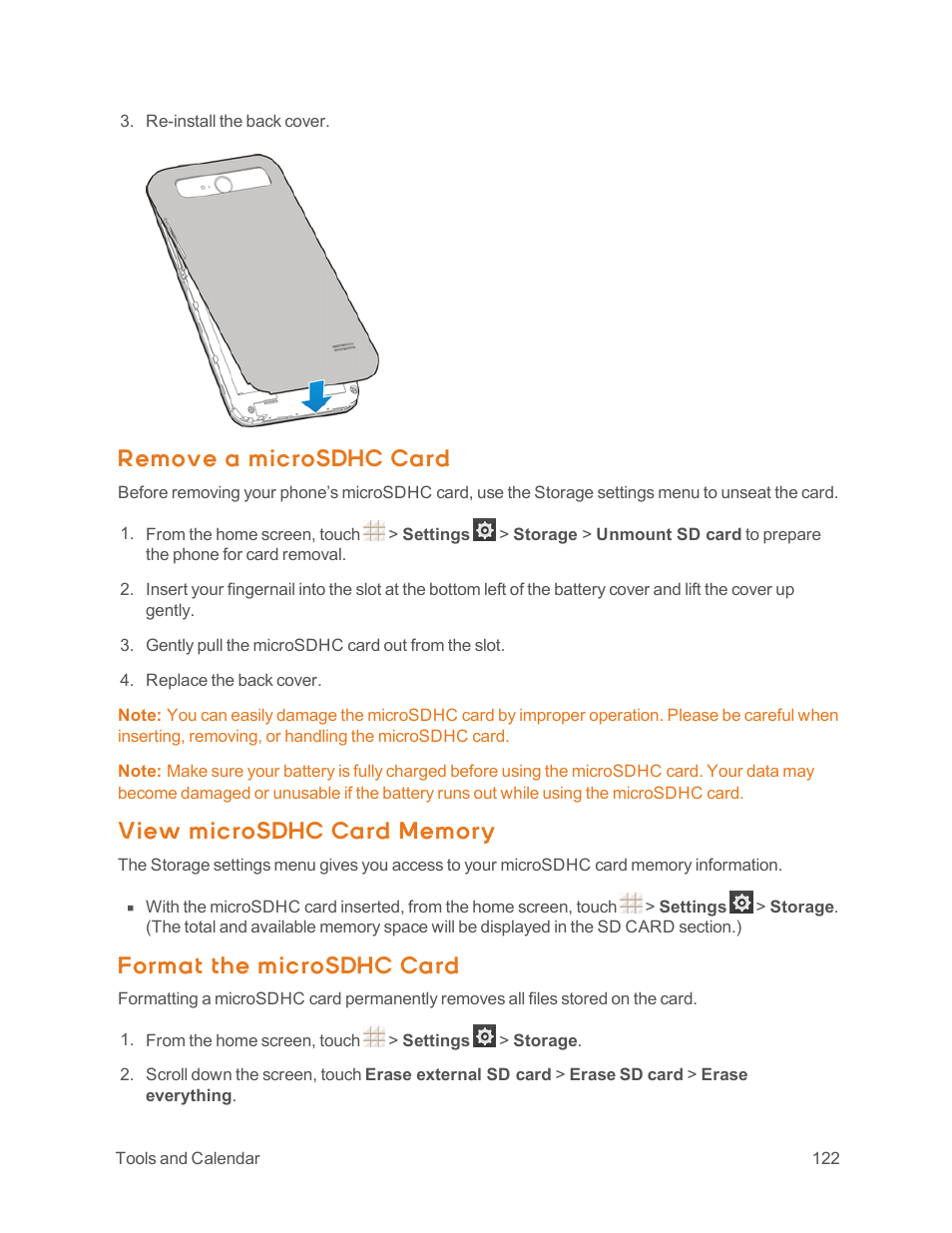 Remove a microsdhc card, View microsdhc card memory, Format the microsdhc card | ZTE Speed User Manual | Page 132 / 162