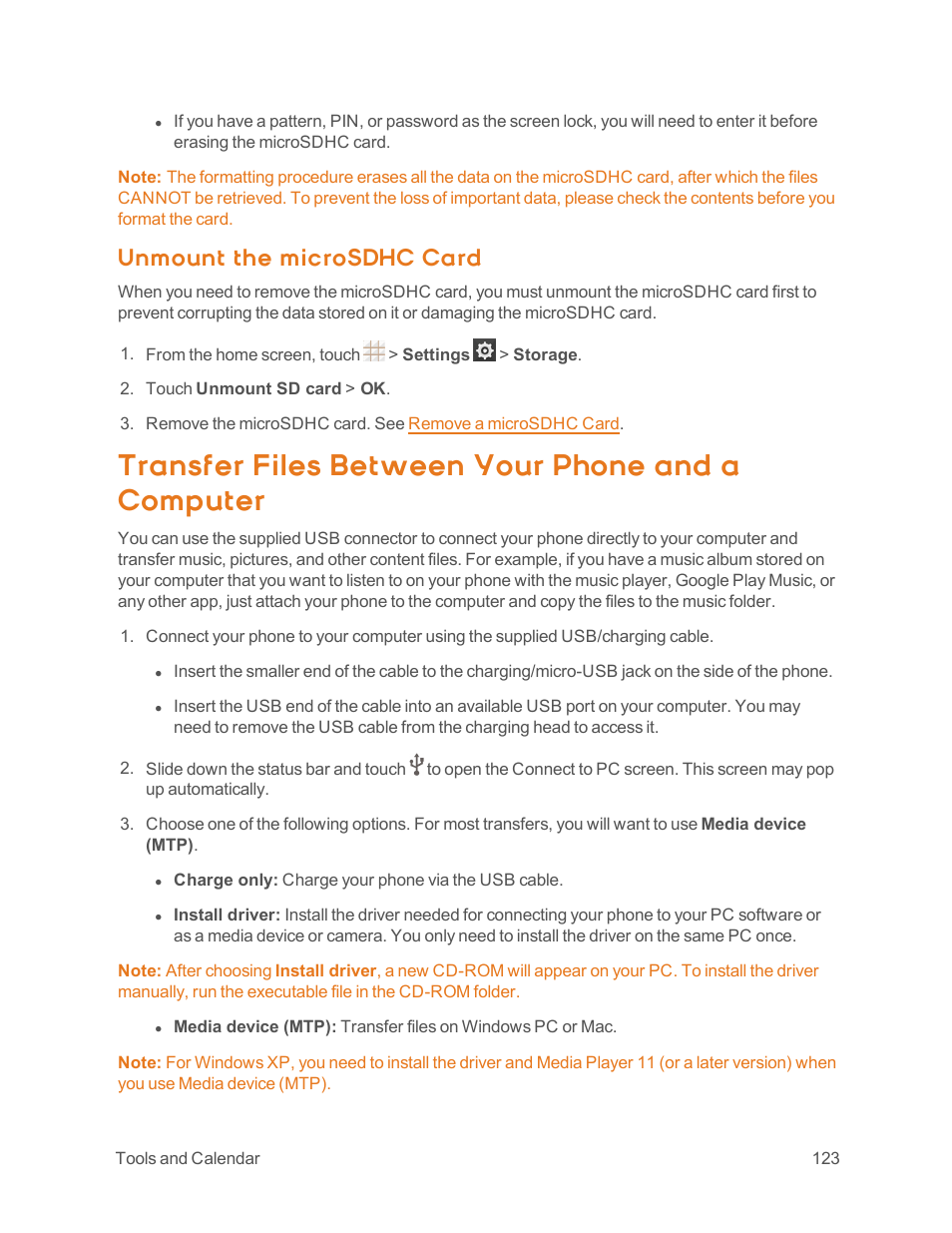 Unmount the microsdhc card, Transfer files between your phone and a computer | ZTE Speed User Manual | Page 133 / 162