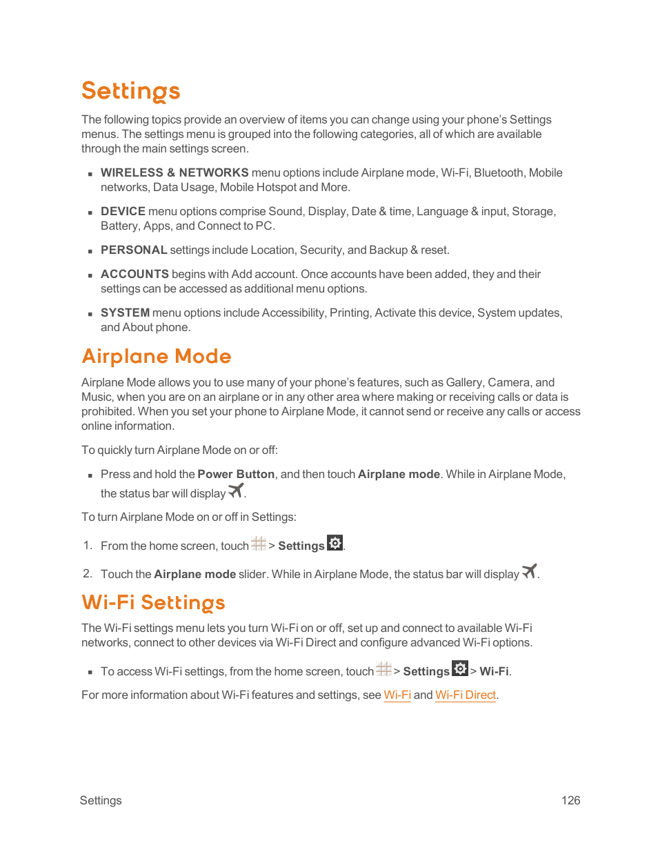 Settings, Airplane mode, Wi-fi settings | ZTE Speed User Manual | Page 136 / 162