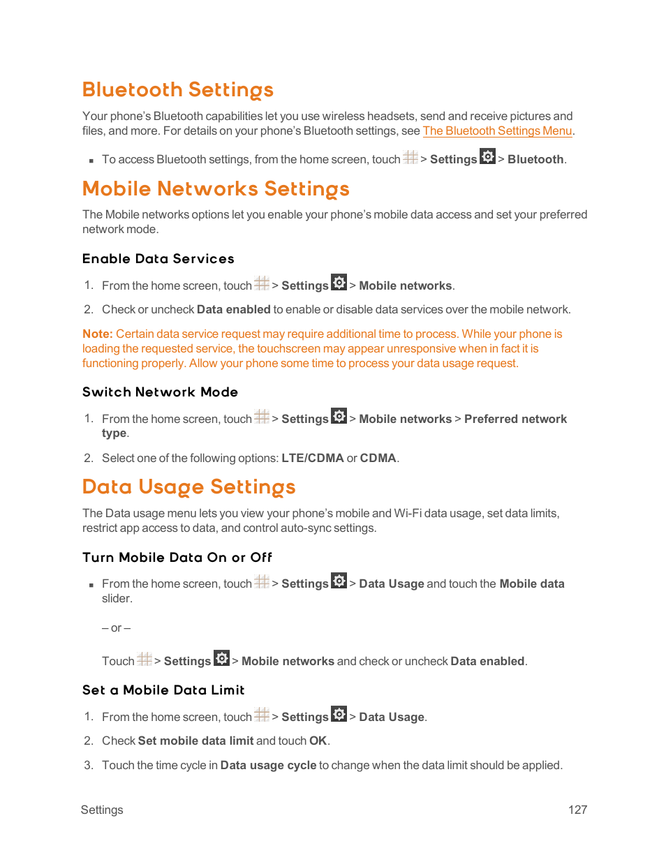 Bluetooth settings, Mobile networks settings, Data usage settings | ZTE Speed User Manual | Page 137 / 162