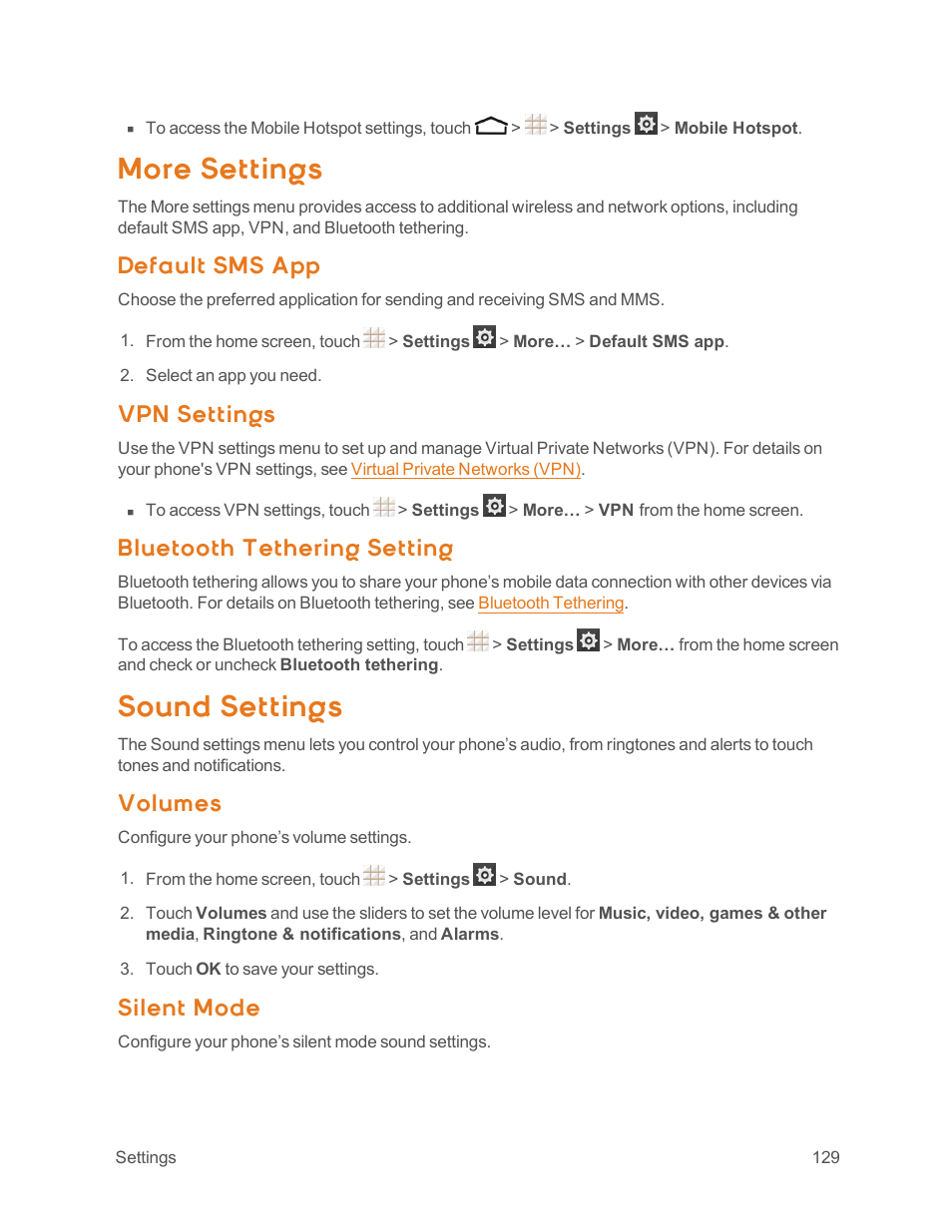 More settings, Default sms app, Vpn settings | Bluetooth tethering setting, Sound settings, Volumes, Silent mode | ZTE Speed User Manual | Page 139 / 162