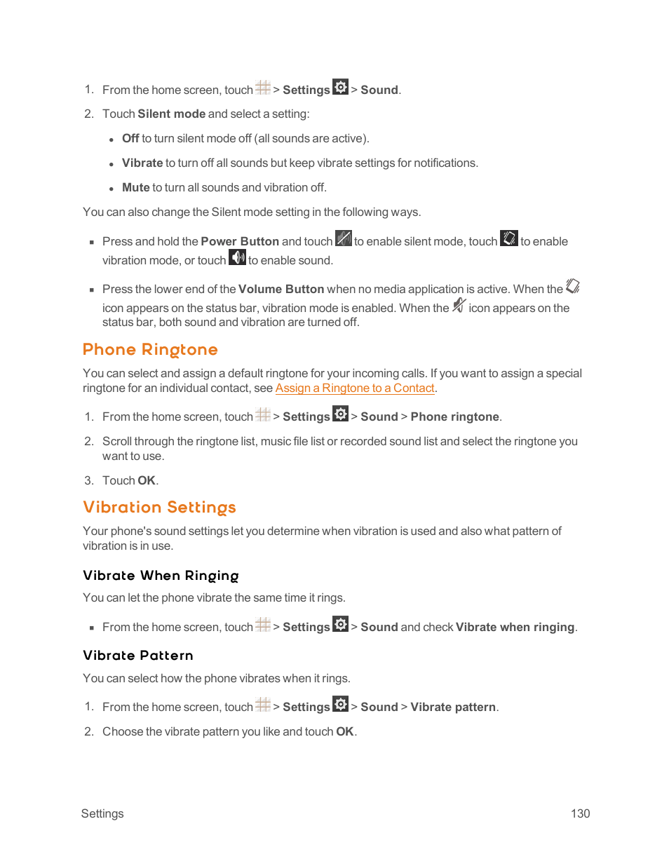 Phone ringtone, Vibration settings, Vibrate when ringing | Vibrate pattern | ZTE Speed User Manual | Page 140 / 162