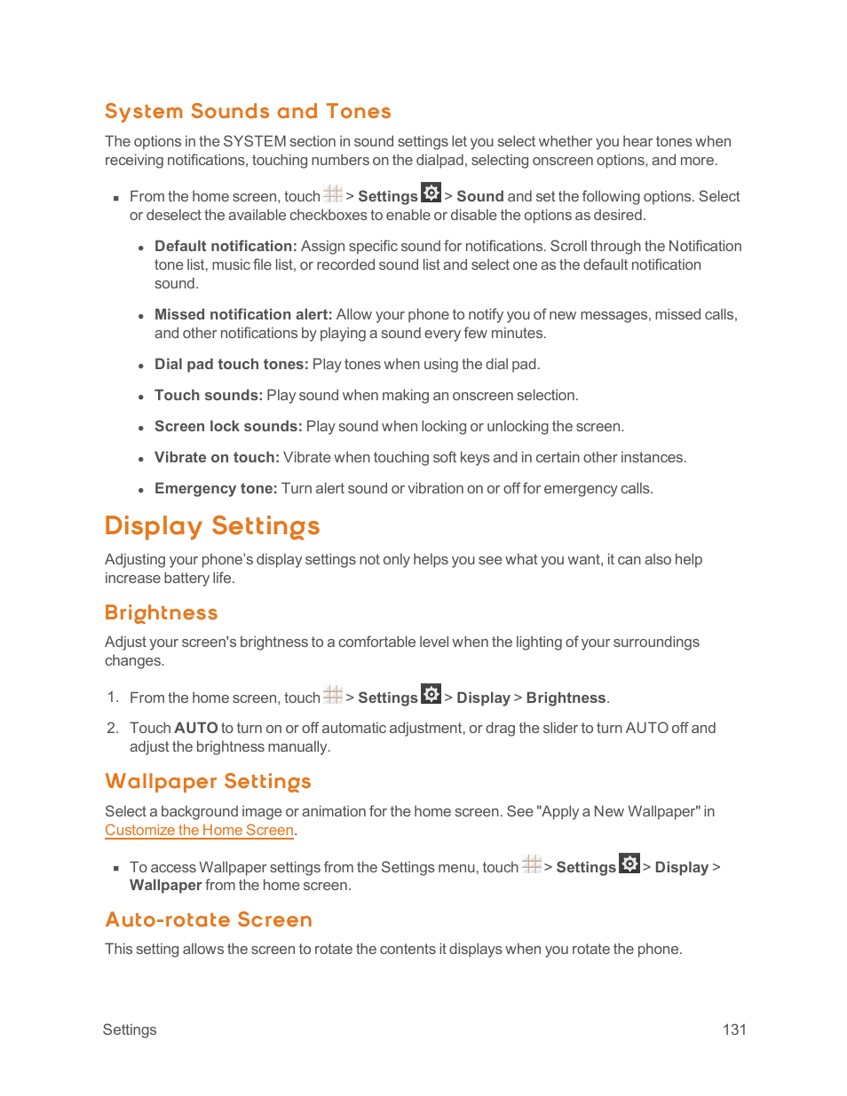 System sounds and tones, Display settings, Brightness | Wallpaper settings, Auto-rotate screen | ZTE Speed User Manual | Page 141 / 162