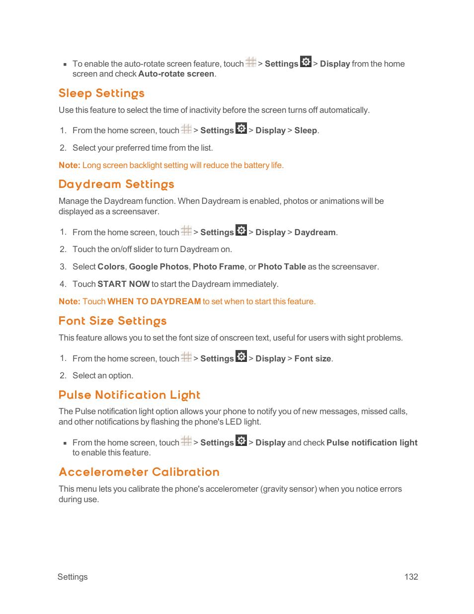 Sleep settings, Daydream settings, Font size settings | Pulse notification light, Accelerometer calibration | ZTE Speed User Manual | Page 142 / 162