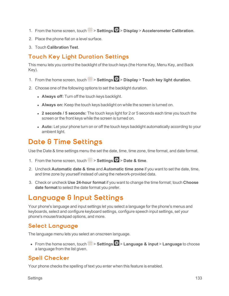 Touch key light duration settings, Date & time settings, Language & input settings | Select language, Spell checker | ZTE Speed User Manual | Page 143 / 162