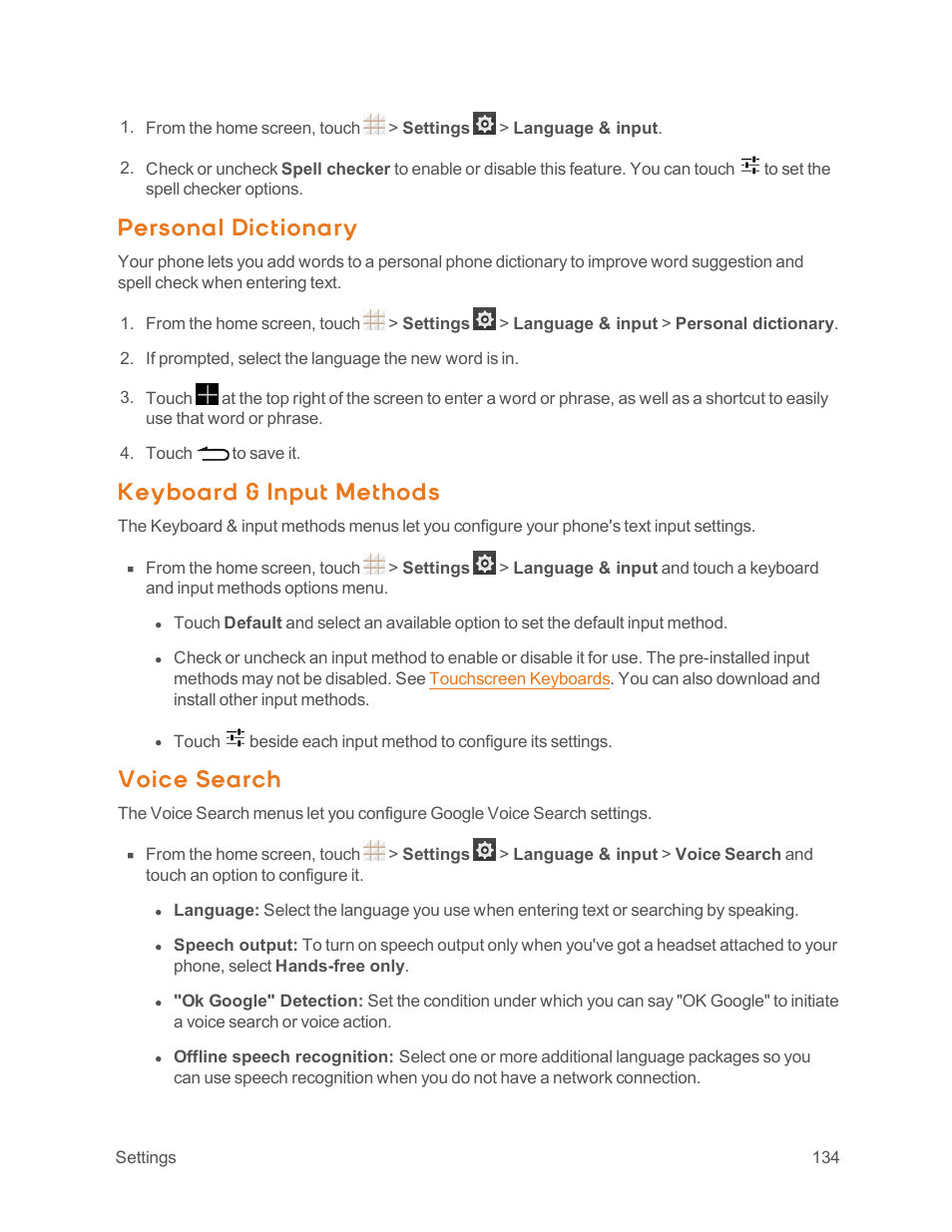 Personal dictionary, Keyboard & input methods, Voice search | ZTE Speed User Manual | Page 144 / 162