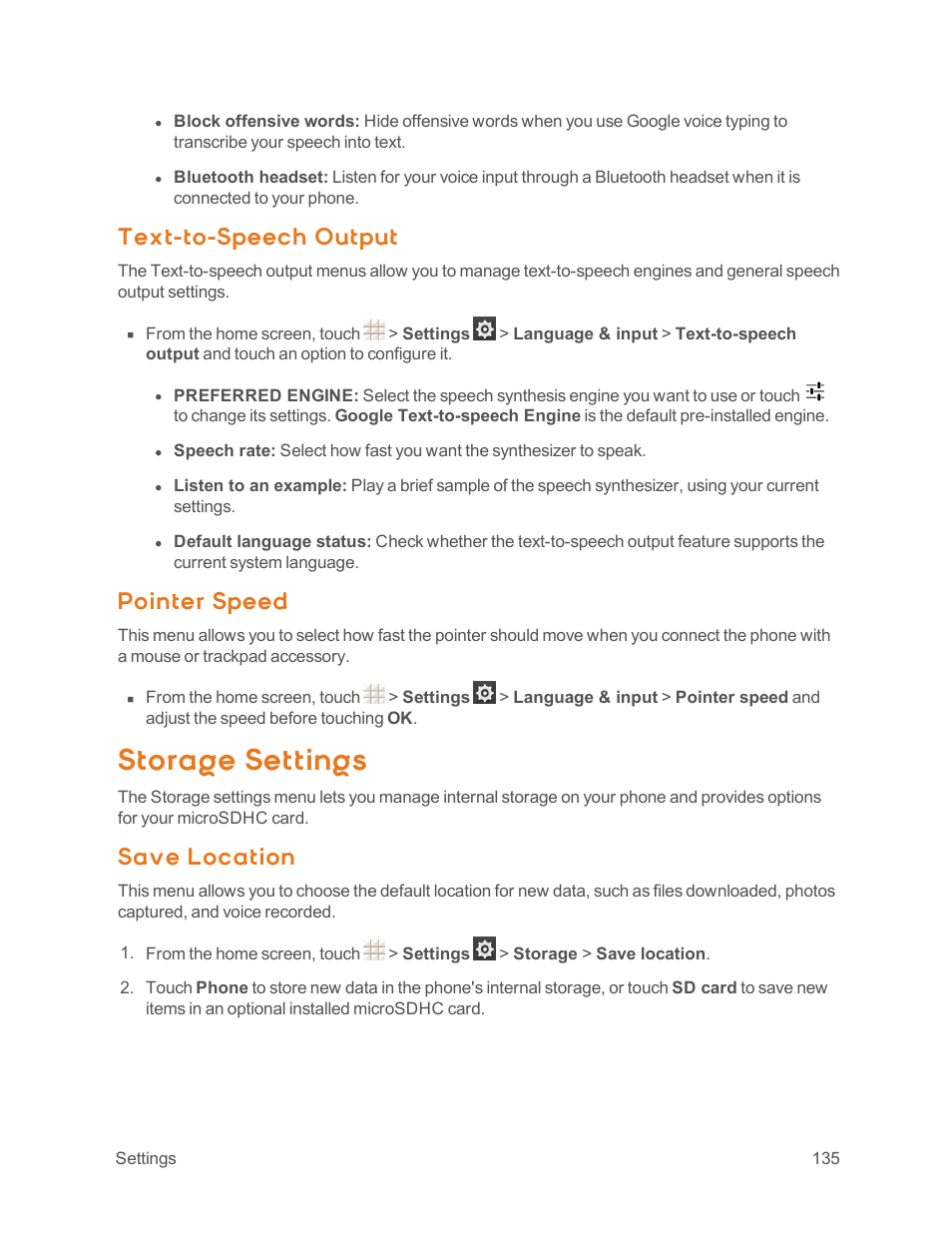 Text-to-speech output, Pointer speed, Storage settings | Save location | ZTE Speed User Manual | Page 145 / 162