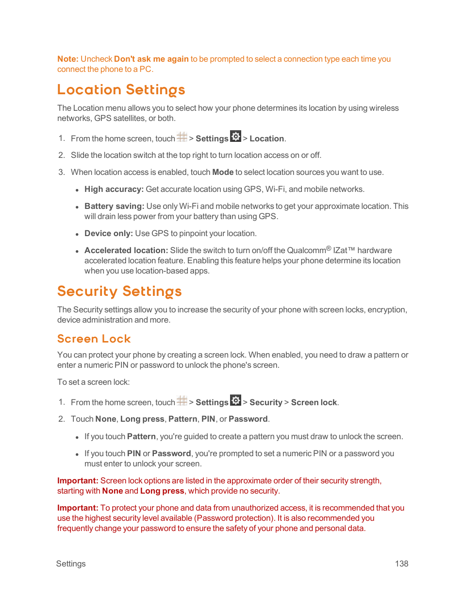 Location settings, Security settings, Screen lock | ZTE Speed User Manual | Page 148 / 162