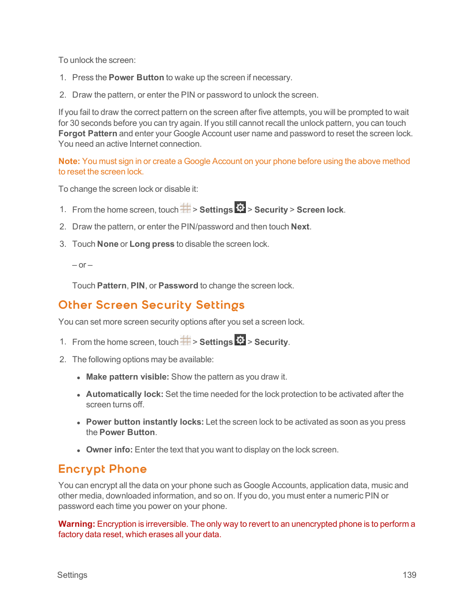 Other screen security settings, Encrypt phone | ZTE Speed User Manual | Page 149 / 162