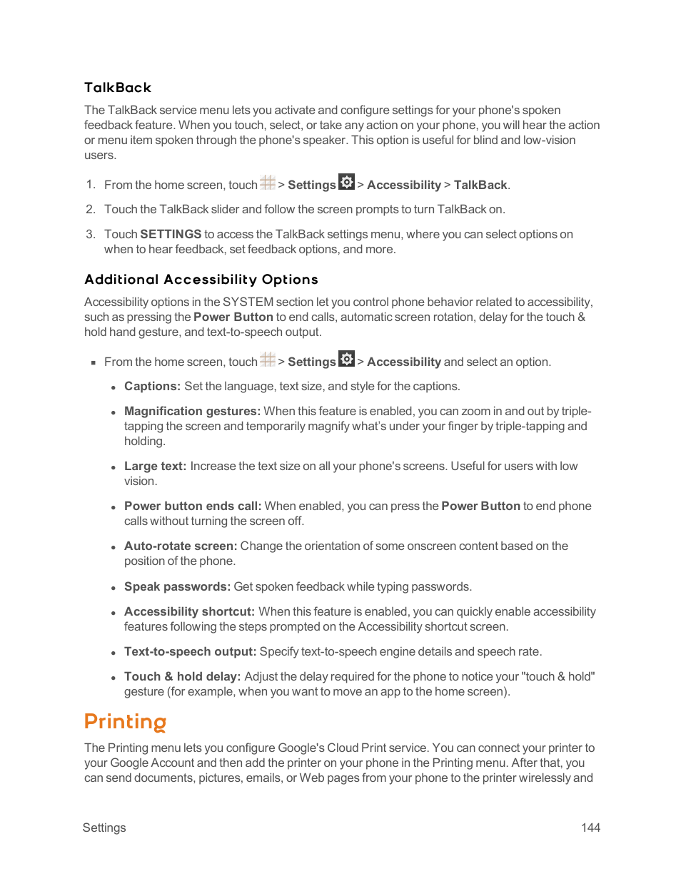 Printing, Talkback, Additional accessibility options | ZTE Speed User Manual | Page 154 / 162
