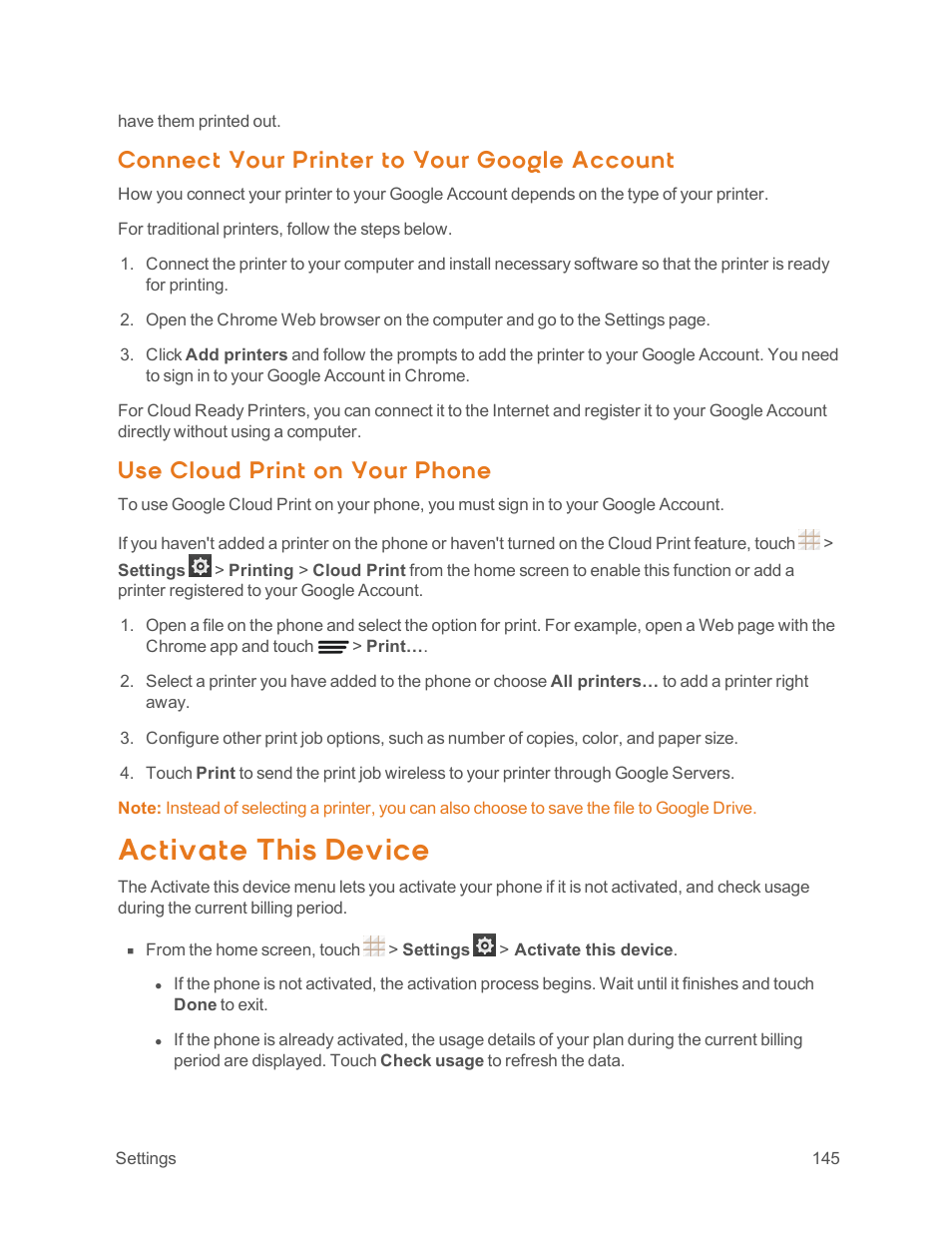 Connect your printer to your google account, Use cloud print on your phone, Activate this device | ZTE Speed User Manual | Page 155 / 162