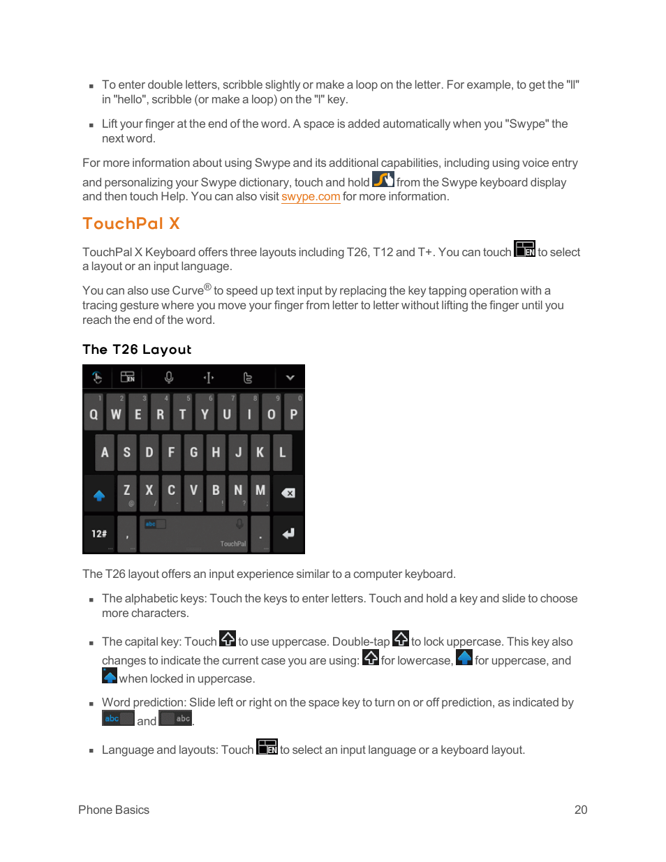 Touchpal x, The t26 layout | ZTE Speed User Manual | Page 30 / 162