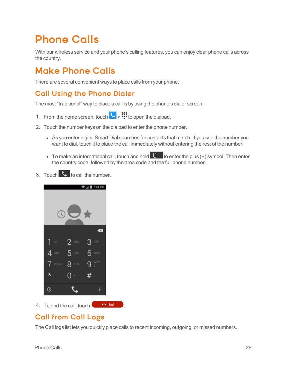 Phone calls, Make phone calls, Call using the phone dialer | Call from call logs | ZTE Speed User Manual | Page 36 / 162