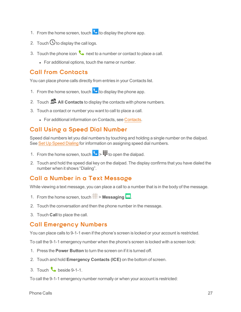 Call from contacts, Call using a speed dial number, Call a number in a text message | Call emergency numbers | ZTE Speed User Manual | Page 37 / 162