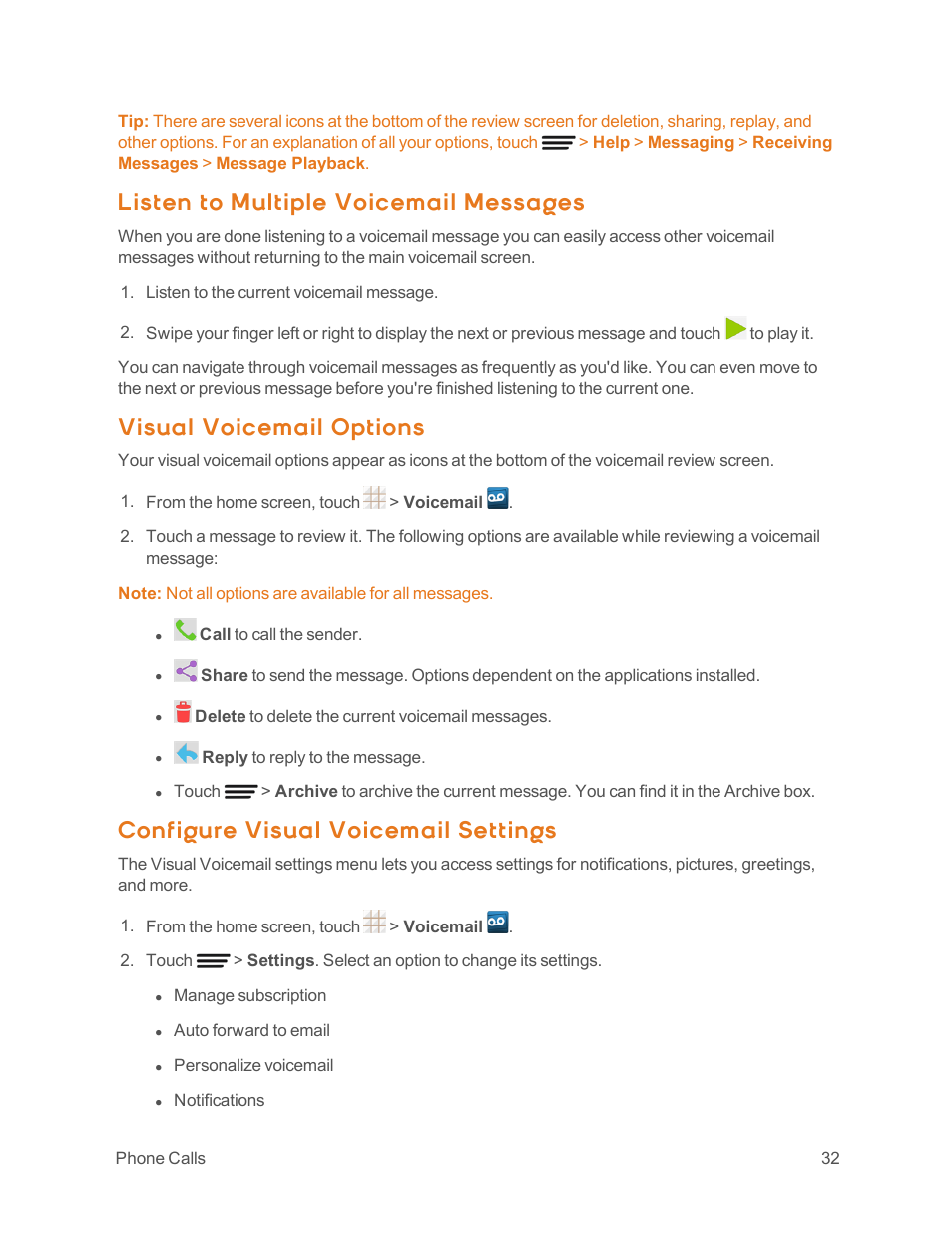 Listen to multiple voicemail messages, Visual voicemail options, Configure visual voicemail settings | ZTE Speed User Manual | Page 42 / 162