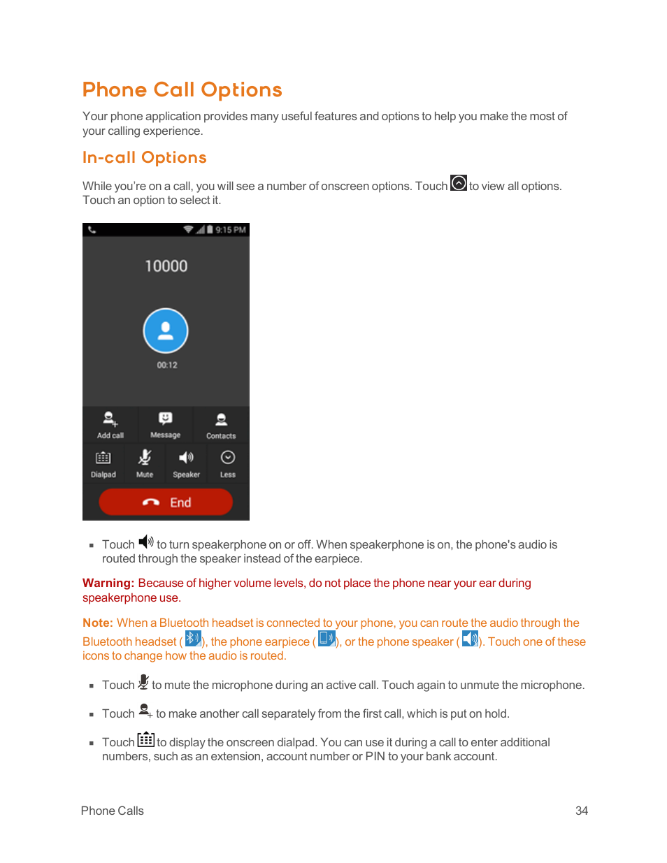 Phone call options, In-call options | ZTE Speed User Manual | Page 44 / 162