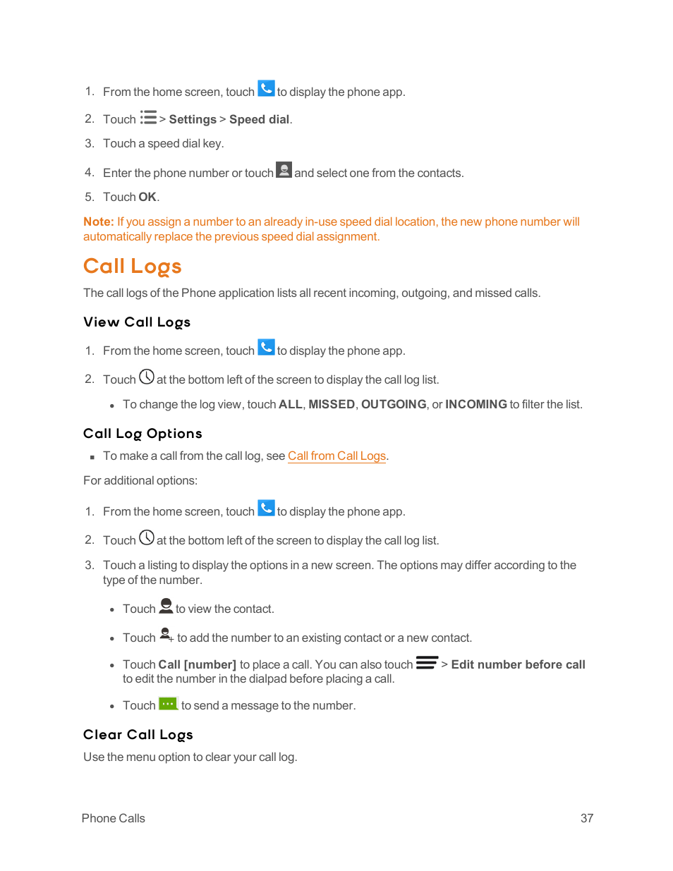 Call logs, View call logs, Call log options | Clear call logs | ZTE Speed User Manual | Page 47 / 162