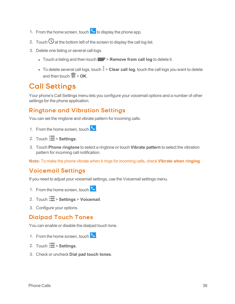 Call settings, Ringtone and vibration settings, Voicemail settings | Dialpad touch tones | ZTE Speed User Manual | Page 48 / 162
